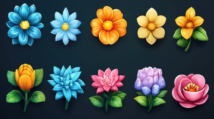 Vibrant and Colorful Vector Flower UI Elements for Match-3 Puzzle Games