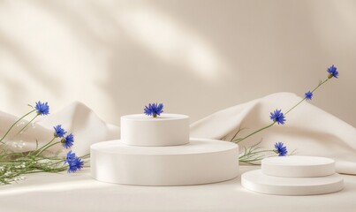 Aufkleber - Minimalist product display with cornflowers and white podiums on beige fabric.