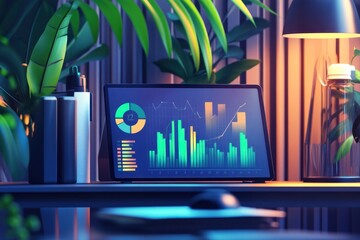 Aufkleber - Tablet displaying financial graphs in a home office setting surrounded by plants.