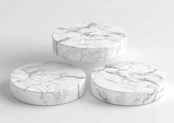 Poster - Three round white marble podiums on white background.