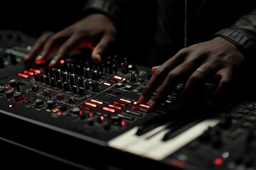 Aufkleber - Close-up of hands operating a music synthesizer with illuminated controls in a dark setting.