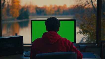 Aufkleber - Man working on computer with green screen, overlooking scenic autumn landscape.