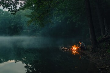 Poster - Man building campfire by misty lake at dusk.