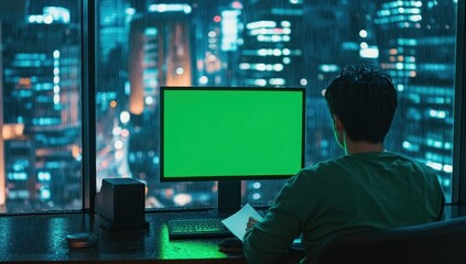 Poster - Man working late at night in office with green screen computer and city view.