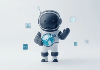 Poster - Cute astronaut robot holding a digital globe, surrounded by various app icons.