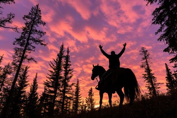 Poster - Silhouette of a person riding a horse at sunset in a forest.