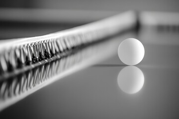 Wall Mural - Close-up of a ping pong ball and net on a reflective table.