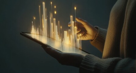 Fototapete - Woman's hands interact with a glowing city data visualization on a tablet.