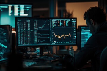 Poster - Man analyzing stock market data on multiple computer screens in a dark office.