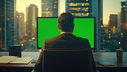Poster - Businessman at desk facing green screen monitor, cityscape view.