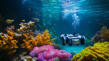 An underwater exploration robot navigating through a colorful coral reef, marine life observed in natural habitat, Marine robotics style