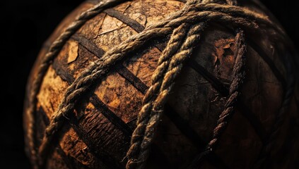 Aufkleber - Close-up of an aged, wooden sphere bound with thick rope, showing texture and detail.