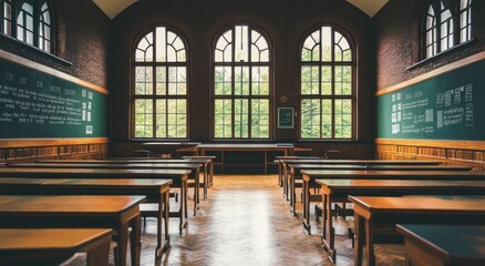 Poster - Empty classroom with wooden desks, large windows, and chalkboards.
