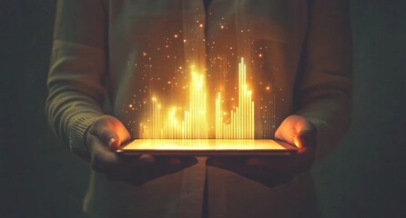Poster - Woman holding tablet displaying glowing financial chart.