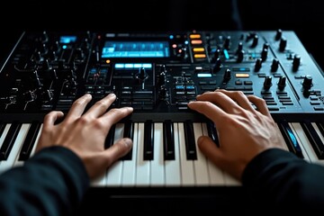 Aufkleber - Hands playing a synthesizer keyboard with illuminated controls.