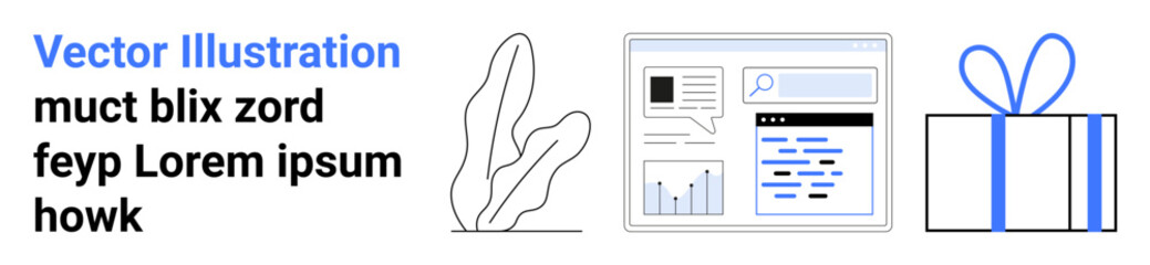 Text about vector illustrations, a simple plant, website interface with graphs, and a gift box with ribbon. Ideal for online learning, web development, e-commerce, digital marketing, business