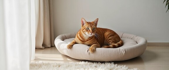 Naklejka na meble ginger cat lounging comfortably in soft bed with sunlight streaming through window