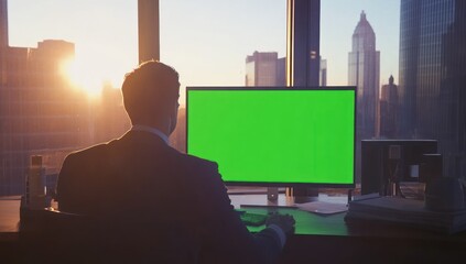 Poster - Businessman working at desk with green screen computer, city view.