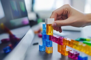 Poster - Hand placing colorful translucent blocks, building a structure on a desk.