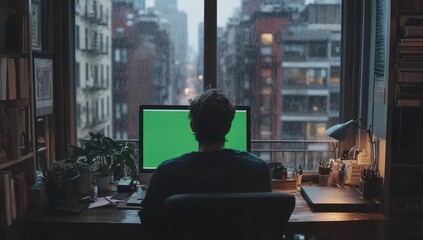 Poster - Man working at home office with green screen computer, rainy city view.