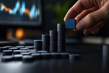 Poster - Hand placing a block on a growing stack of blocks, representing growth and success.