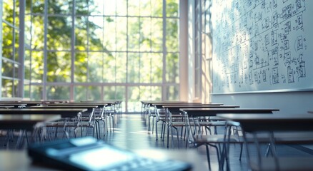 Poster - Sunlit classroom with desks, chairs, and whiteboard filled with equations, showcasing education and learning environment.