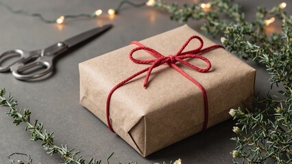 Cozy rustic gift wrapping with kraft paper red twine greenery scissors and twinkling lights