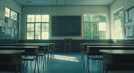 Poster - Empty classroom with desks, chalkboard, and sunlight streaming through windows.
