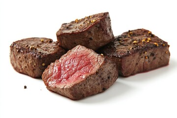 Close-up of four delicious, seasoned, grilled beef cubes, rare to medium-rare, isolated on white background.