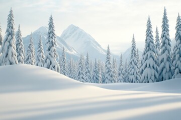 Wall Mural - Serene winter forest landscape in Canada with snow-covered evergreens under pale skies