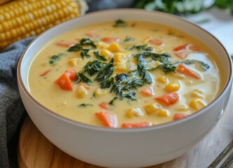 Poster - Creamy vegetarian corn soup with greens in a white bowl