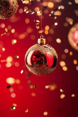 Poster - Christmas baubles balls decorations festive traditional greeting card invitation background against vibrant red backdrop with flying golden confetti. Celebration concept.