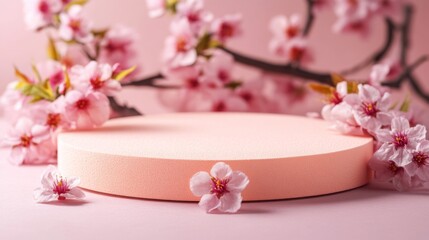 3D background, pink podium display. Sakura pink flower falling. Cosmetic or beauty product promotion step floral, pastel pedestal. Abstract minimal advertise. 3D render copy space spring mockup.