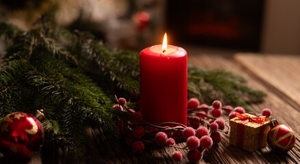 Wall Mural -  red Christmas Candle on rustic wood