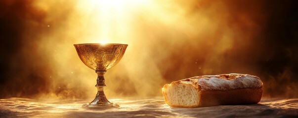 Wall Mural - a chalice and a loaf of bread set against an abstract, glowing background that symbolizes the sacram
