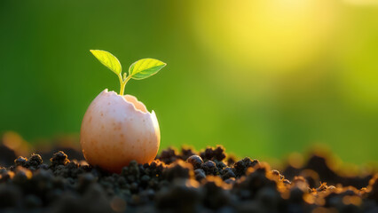 a tiny sprout emerges from a cracked eggshell in rich soil, bathed in warm sunlight. concept of new 