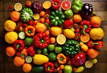 Wall Mural - vibrant colorful display fresh fruits vegetables artfully arranged textured surface, arrangement, organic, produce, berries, greens, peppers, apples, oranges