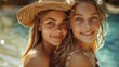 © M_H_L - Two smiling sisters embracing near water.