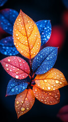 Wall Mural - A close up of a leaf with water droplets on it. The leaf is a mix of red, yellow, and blue