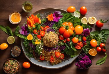 Wall Mural - vibrant table setting featuring colorful array plant based meals showcasing fresh ingredients creative culinary presentation, dish, vegetable, fruit, salad