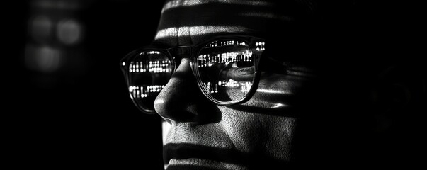Face partially obscured by shadows, wearing glasses with a screen reflection of stolen data, symbolizing identity theft