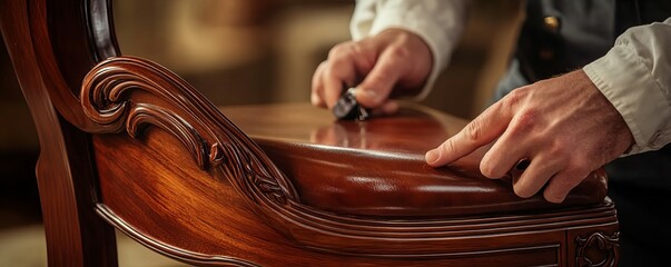 Wall Mural - Closeup of a woodworker s hands polishing a curved armrest for a custom chair, detailed wood finishing, ergonomics meets artistry