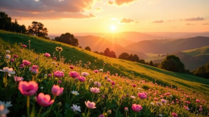 Aufkleber - A field of pink and white wildflowers is illuminated by a warm sunset over rolling hills.
Concept of peaceful nature scene.
