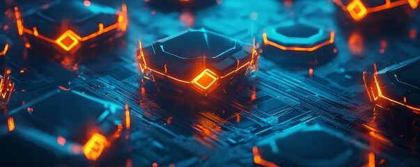 Cybersecurity defense network, glowing web of interconnected shields, illustrating digital protection against hacking