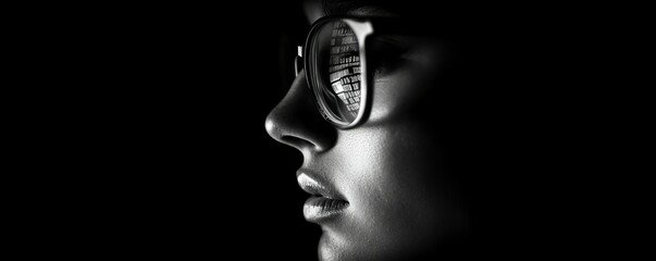Face partially obscured by shadows, wearing glasses with a screen reflection of stolen data, symbolizing identity theft