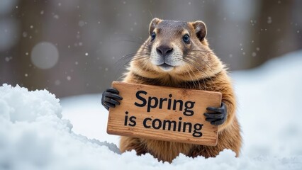 Wall Mural - A groundhog holds a wooden sign reading 