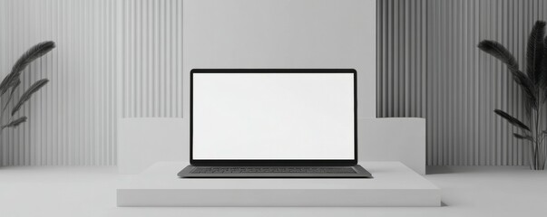Wall Mural - laptop with blank screen in minimalist room, product mockup, clean digital presentation