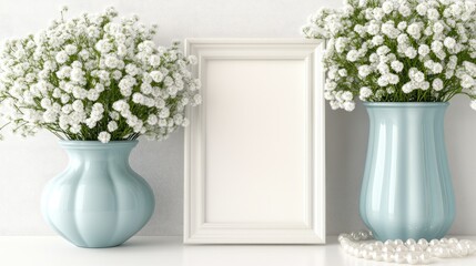 Wall Mural - Two elegant soft blue vases filled with delicate white flowers stand beside a blank frame, creating a calm and inviting atmosphere within a stylish home setting