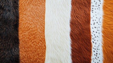 a collection of raw fur swatches arranged to highlight their natural textures, animal hide patterns,