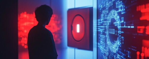 Silhouette of hacker unlocking virtual safe, digital locks and code overlays, concept of cyber theft, data protection threat